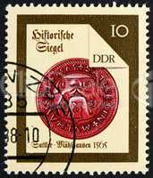 Postage stamp GDR 1988 Muhlhausen Saddler, Seal from 1565