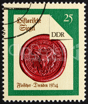 Postage stamp GDR 1988 Dresden Butcher, Seal from 1564