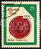 Postage stamp GDR 1988 Dresden Butcher, Seal from 1564