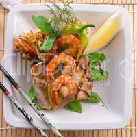 shrimps with fish and vegetables