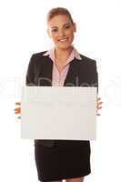 Business woman holding a white card