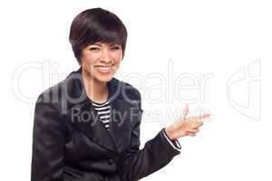 Happy Young Mixed Race Woman Pointing to the Side
