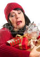 Attractive Woman Fumbling with Her Holiday Gifts