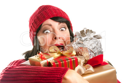 Attractive Woman Fumbling with Her Holiday Gifts