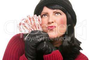 Pretty Young Woman Holding Candy Canes