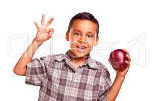 Adorable Hispanic Boy with Apple and Okay Hand Sign