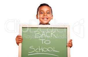 Cute Hispanic Boy Holding Chalkboard with Back to School