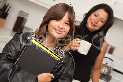 Pretty Hispanic Girl Ready for School with Mom