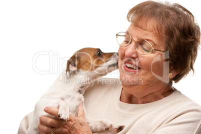 Happy Attractive Senior Woman with Puppy on White