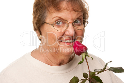 Attractive Senior Woman with Red Rose.