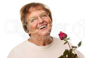 Attractive Senior Woman with Red Rose.