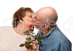 Happy Senior Husband Giving Red Rose to Wife