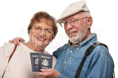 Happy Senior Couple with Passports and Bags on White