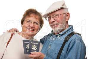 Happy Senior Couple with Passports and Bags on White