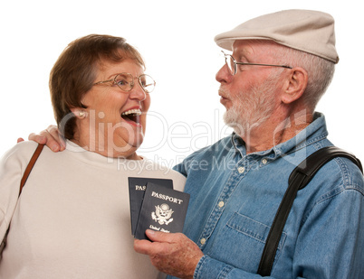 Happy Senior Couple with Passports and Bags on White