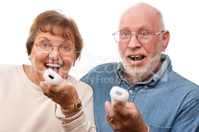 Happy Senior Couple Play Video Game with Remotes