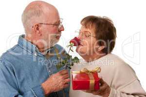 Happy Senior Couple with Gift and Red Rose