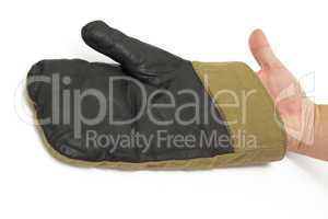 black leather gloves worn on the hand isolated on white