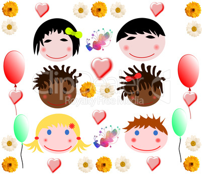 Collection of merry baby faces of different races on a white background