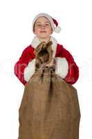 boy as Santa Claus with gifts sack