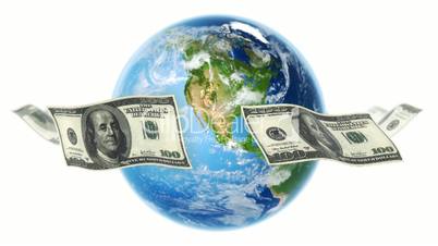 USD Banknotes Around Earth on White (Loop)