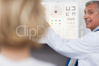 Smiling doctor doing an eye test on a patient in a hospital