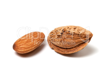 Two almonds on white background