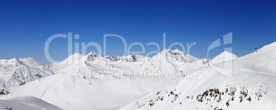 Panorama of snow winter mountains. Caucasus Mountains, Georgia.