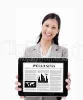 Businesswoman showing her digital tablet