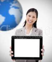 Cheerful business woman showing her digital tablet