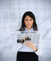 Businesswoman scrolling through virtual newspaper