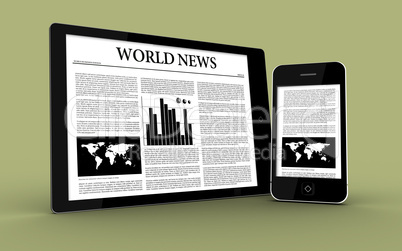 Digital tablet and smartphone showing the news