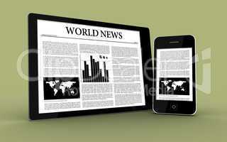 Digital tablet and smartphone showing the news