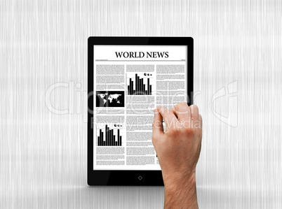 Hand scrolling through world news on digital tablet