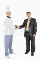 Portrait of businessman and female chef shaking hands