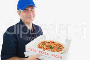 Happy delivery man holding pizza