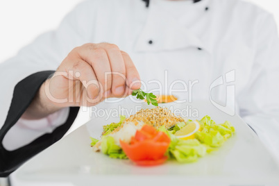 Chef garnishing meal