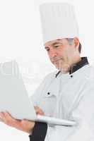 Close-up of chef using laptop