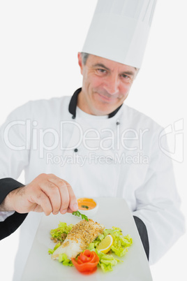 Chef garnishing prepared meal