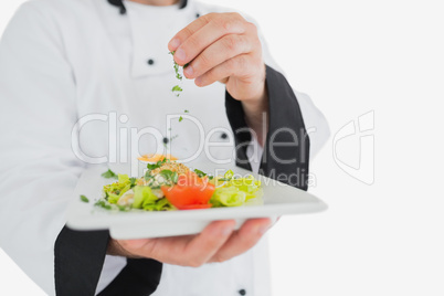 Male chef garnishing fresh prepared meal