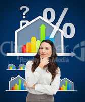 Thinking businesswoman standing against a energy efficient house