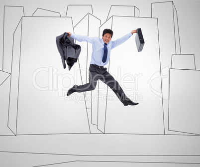 Businessman jumping against a grey background