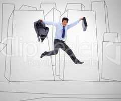 Businessman jumping against a grey background
