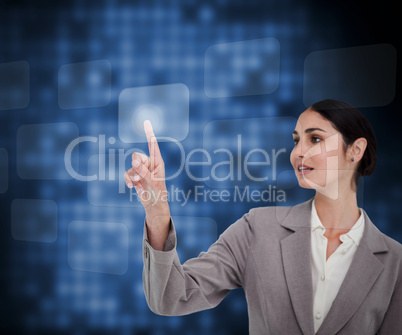 Businesswoman pressing button on touch screen against a backgrou
