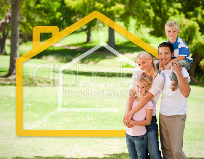 Happy family in the park with house illustration