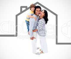 Happy family standing with a grey house illustration