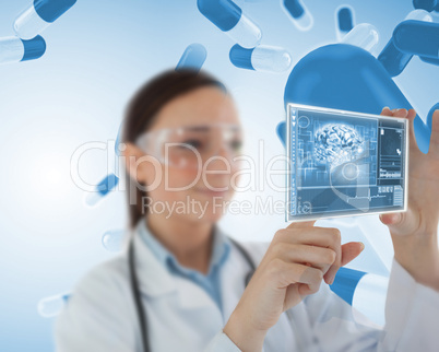 Smiling laboratory worker using virtual screen