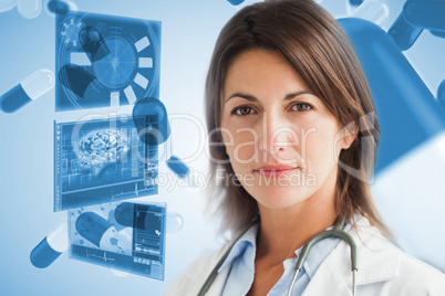 Woman standing against a digitally generated background