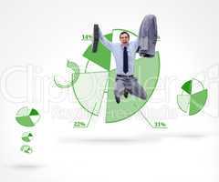 Man in suit jumping against a graphical pie