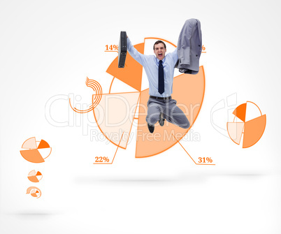 Man jumping against a graphical pie in background